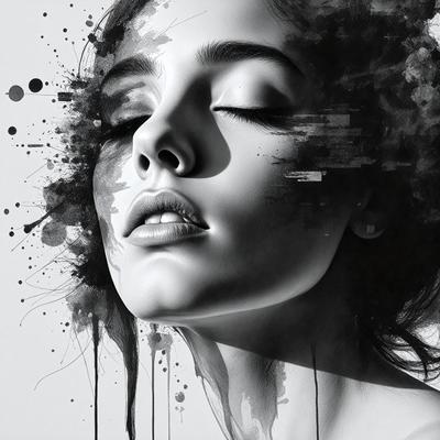 The primary subject of the image is a woman with a beautiful face. She is looking upwards, possibly at the camera. The setting is a black and white background, which adds a dramatic and artistic touch to the scene. The visual style is a combination of a photo and a drawing, creating a unique and captivating portrait. The colors and mood of the image are predominantly dark and moody, with the woman's eyes being the only source of light in the scene.